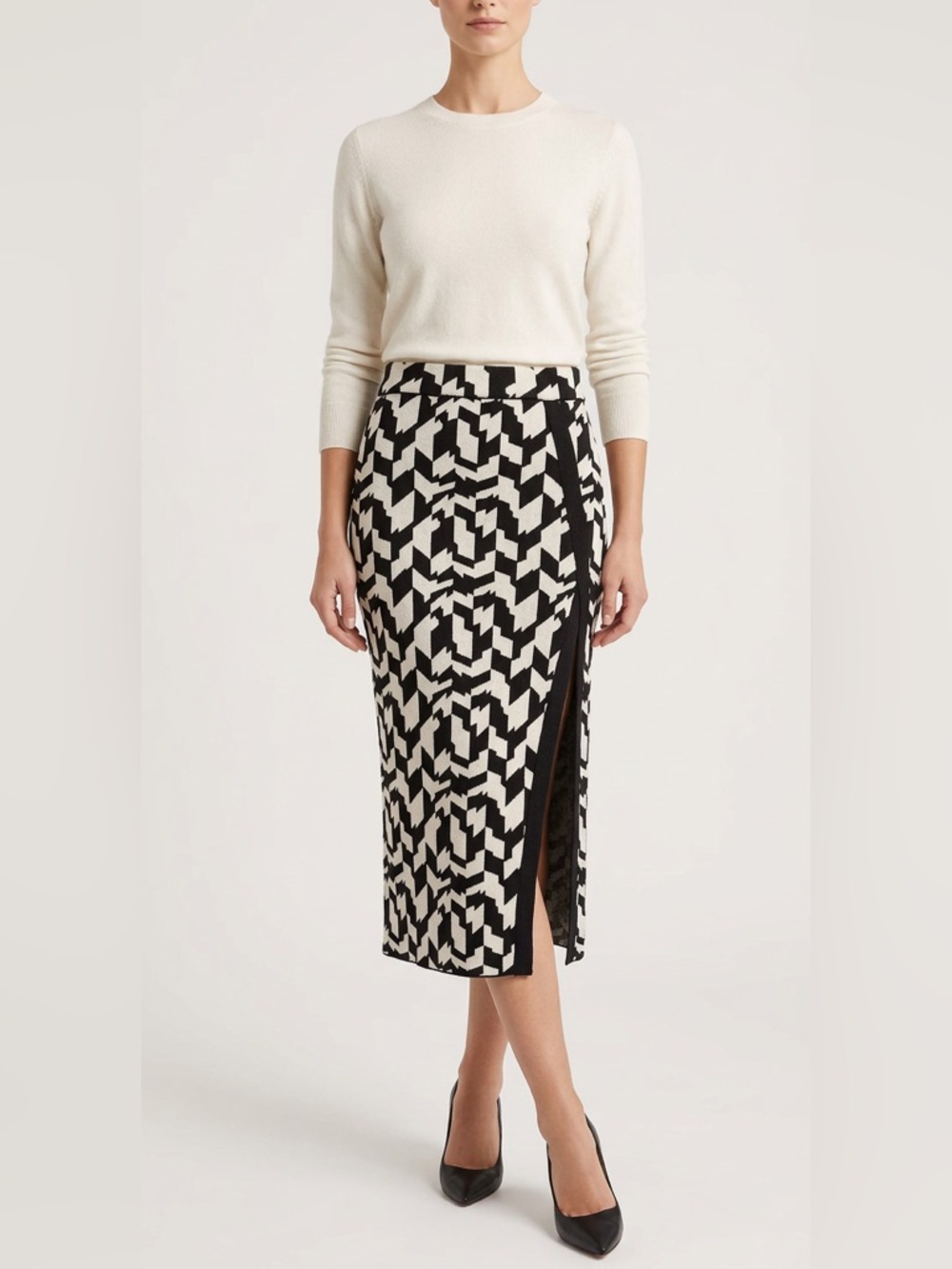 Black White Geometric Midi Skirt Side Slit High Waist Work | Sz S